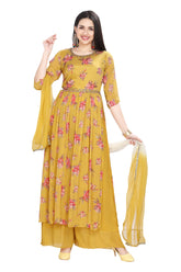 Yellow Nyra Cut Chinnon Floral Print Set with Palazzo and Shaded Dupatta